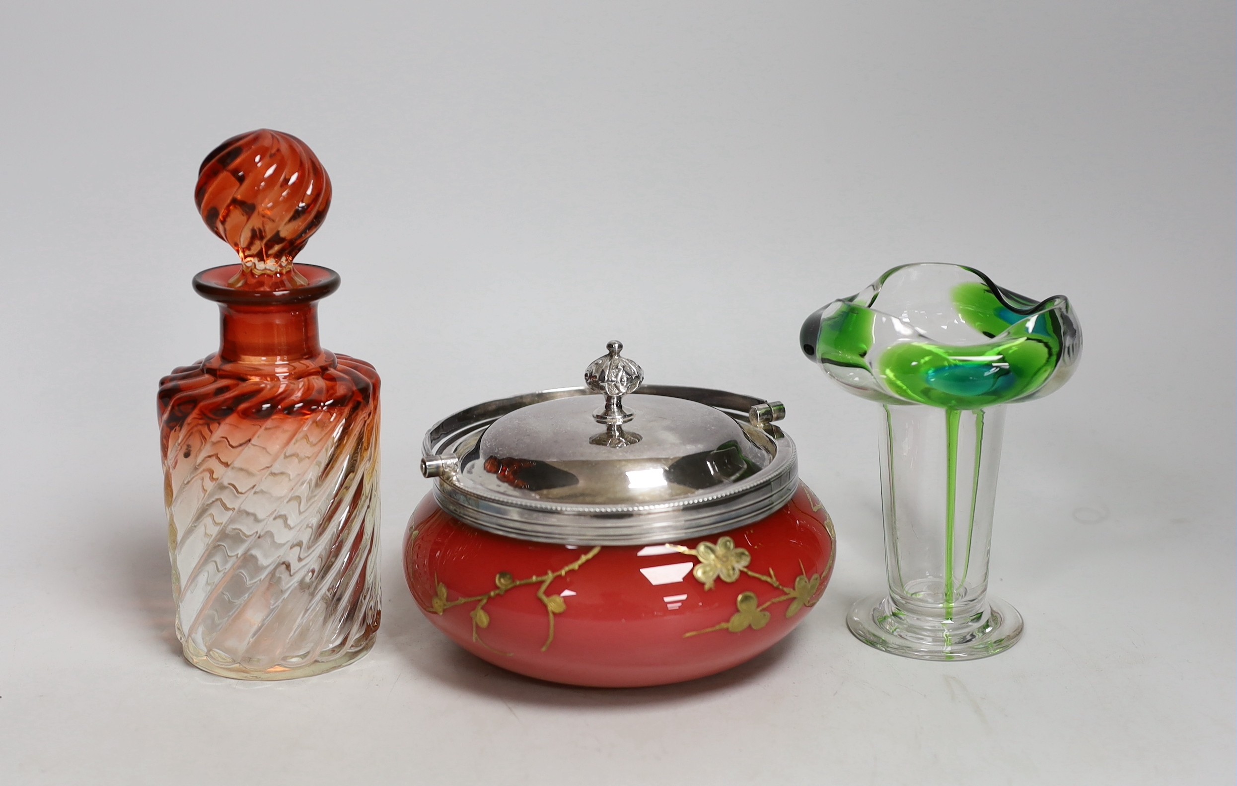 An Art Nouveau Stuart glass vase and gilded and coloured glass powder bowl, and a ruby tinted glass scent bottle and stopper. Tallest 16cm
